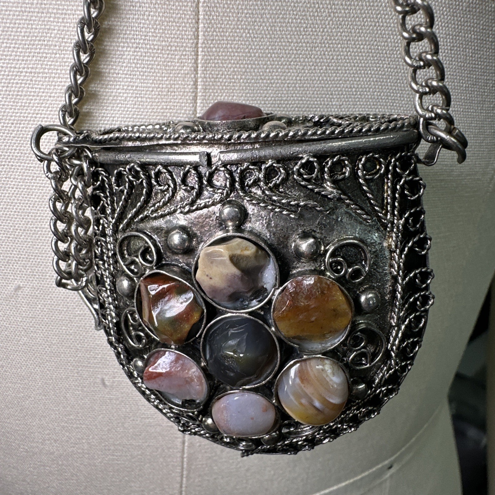 Vintage Small Silver-tone Sajai Metal Purse Necklace Agate Gemstones Tether Lid