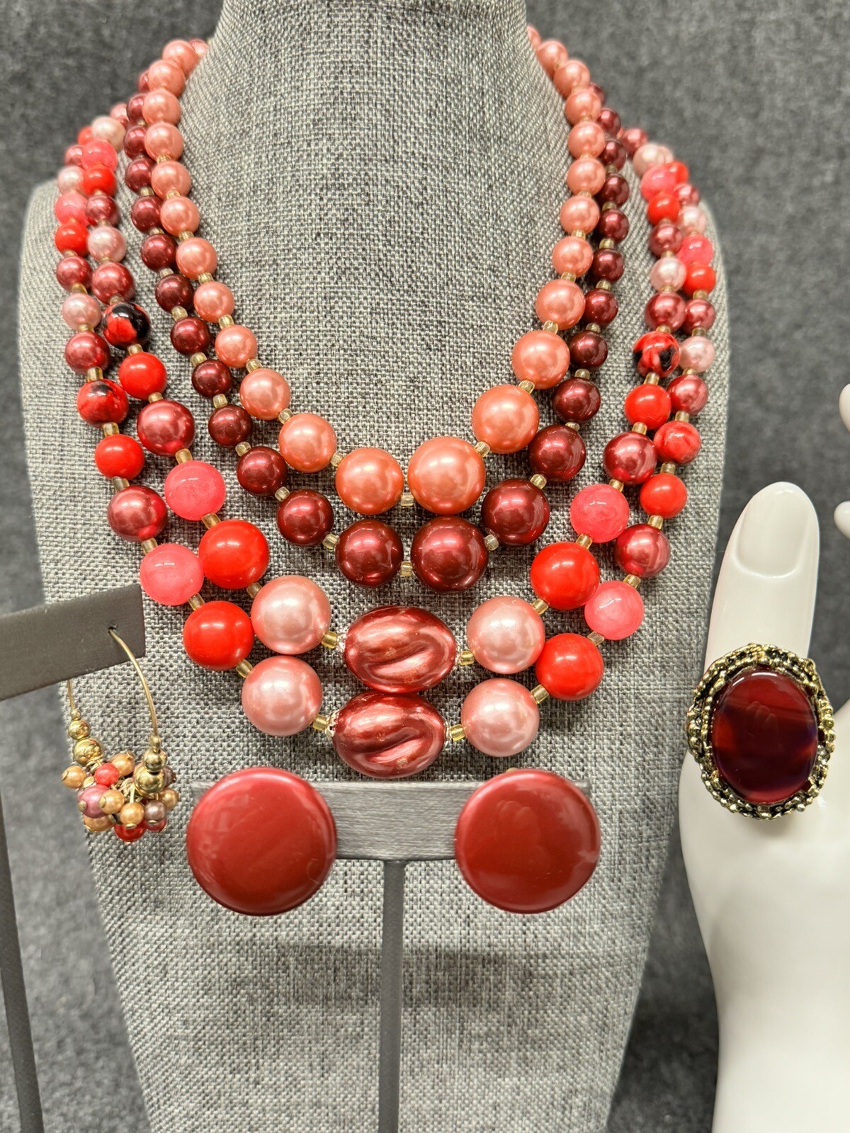 Vintage Purple Pink Red Multi Strand Beaded Necklace Japan Plastic Earrings Ring
