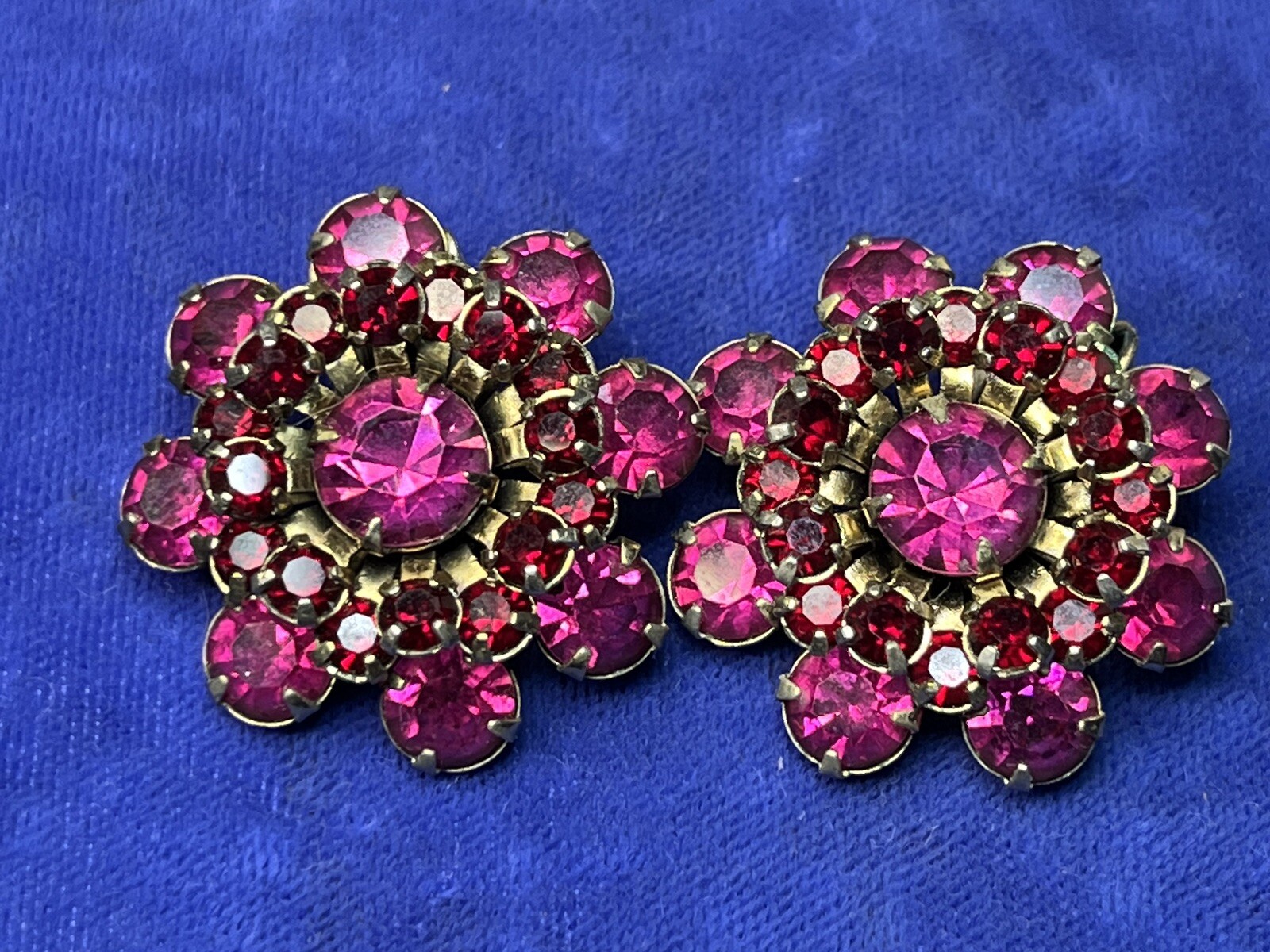 Vintage Rhinestone Dome Brooch Crystal Fuchsia Pink Red Garnet Layered Earrings