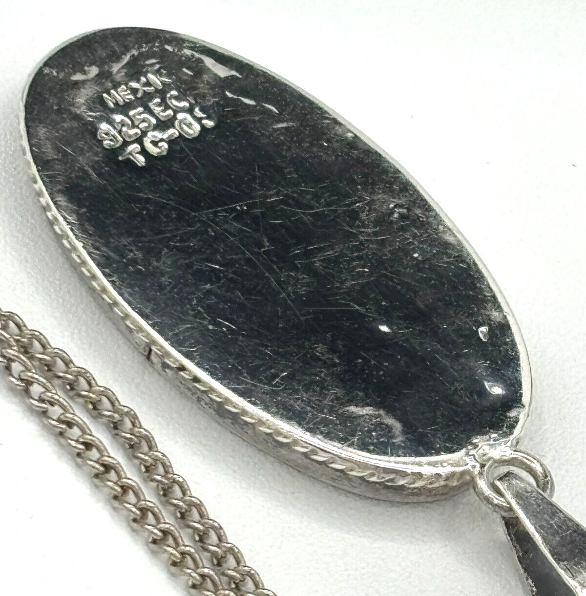 MidCentury Mexico Taxco Sterling Silver 925 Hemp & Abalone Pendant w/metal Chain