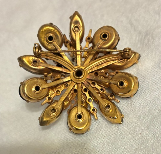 Antique Black Clear Rhinestone Facet Pin Brooch Dimensional Starburst Statement