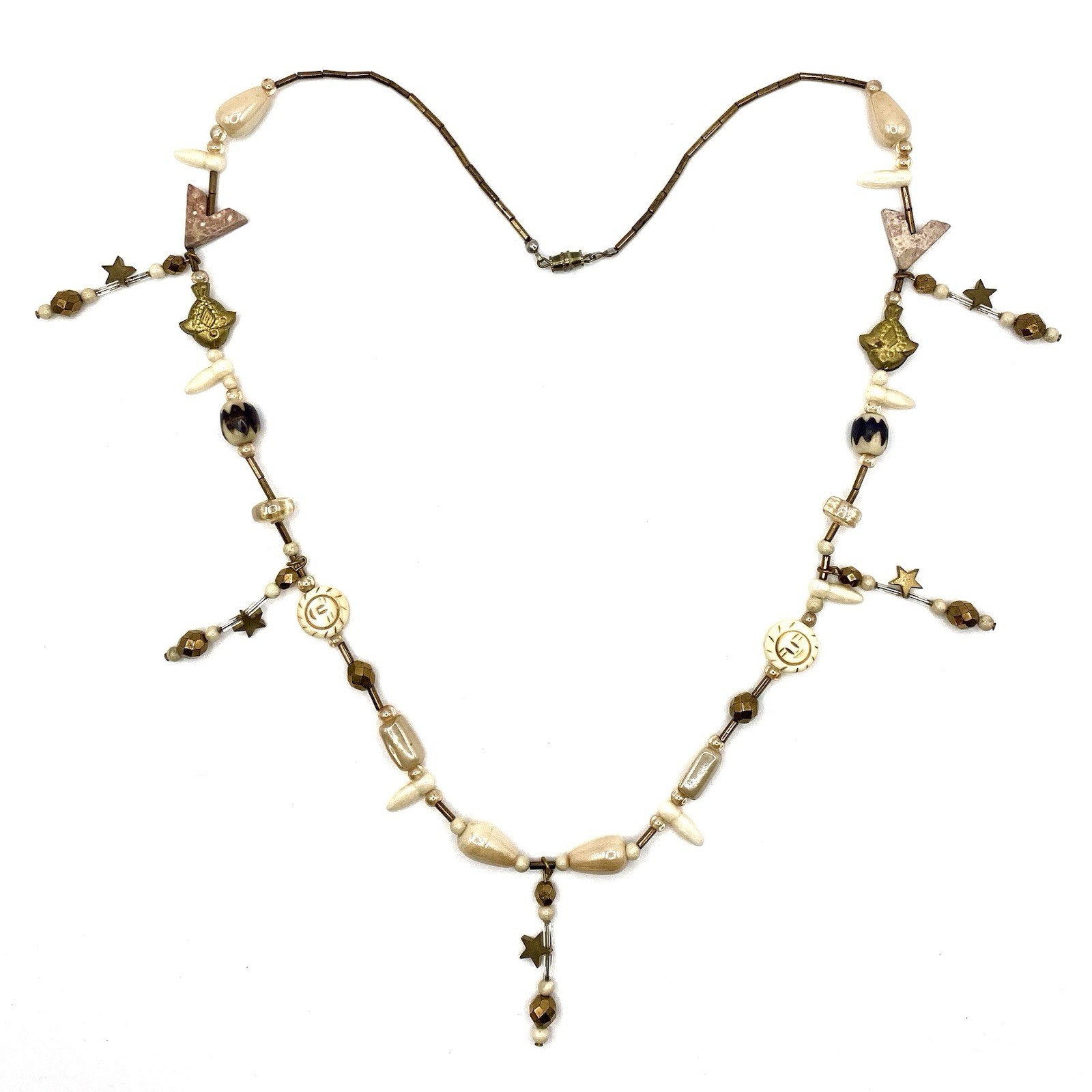 Vintage Tribal Celestial Gold Fish Porcelain Glass Whimsical Fringe Necklace