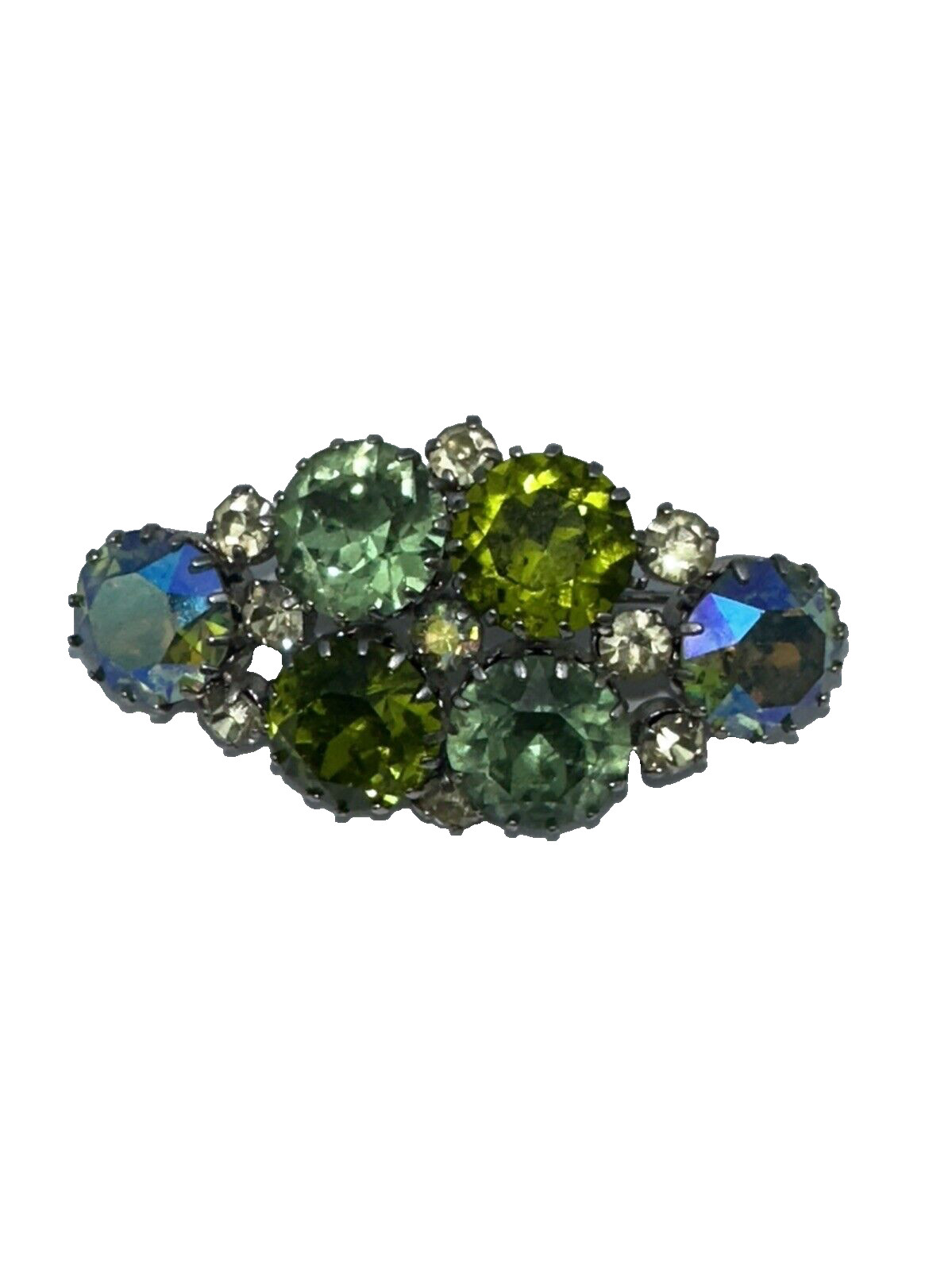 Vintage Austrian Rhinestone Brooch Faceted AB Green White Crystal Cluster Pin