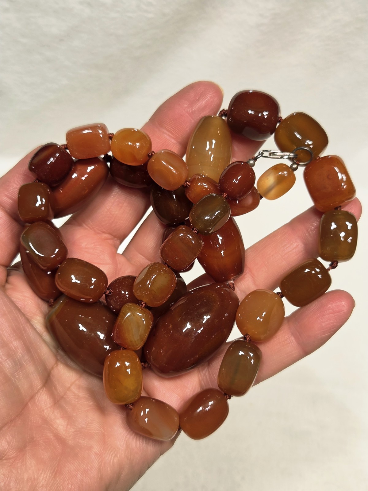 Vintage Carnelian & Banded Agate Hand-knotted Necklace – Sterling Silver Clasp