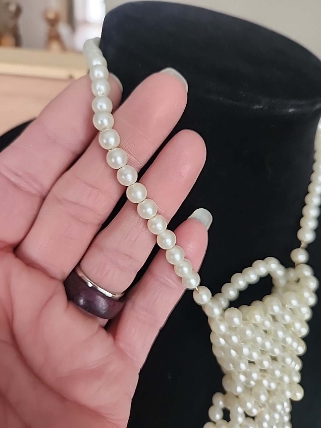 MCM Vintage Faux Pearl Tie Necktie Necklace Hong Kong 18″ Handmade Off White