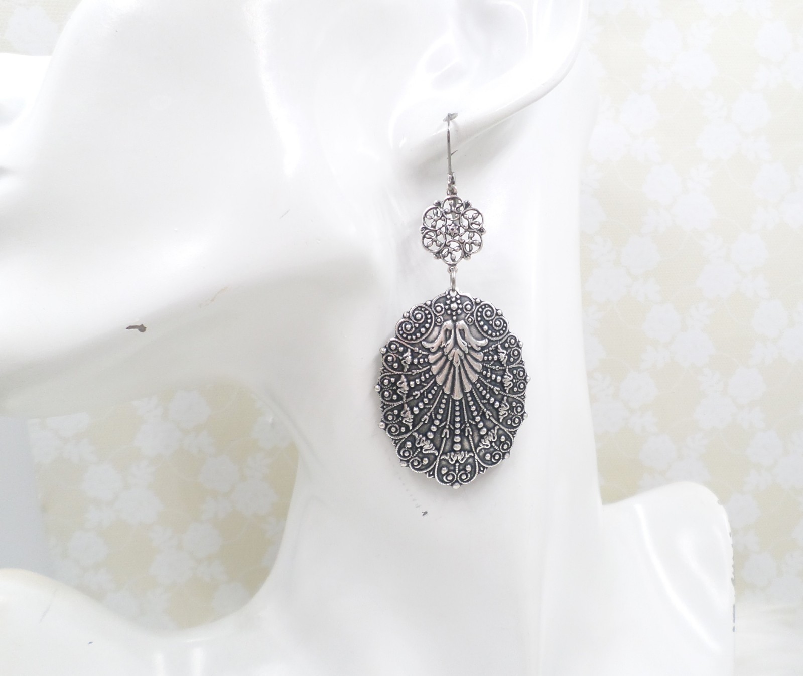 Large Antique Silver Filigree Statement Earrings, Bohemian Ethnic Style Jewelry