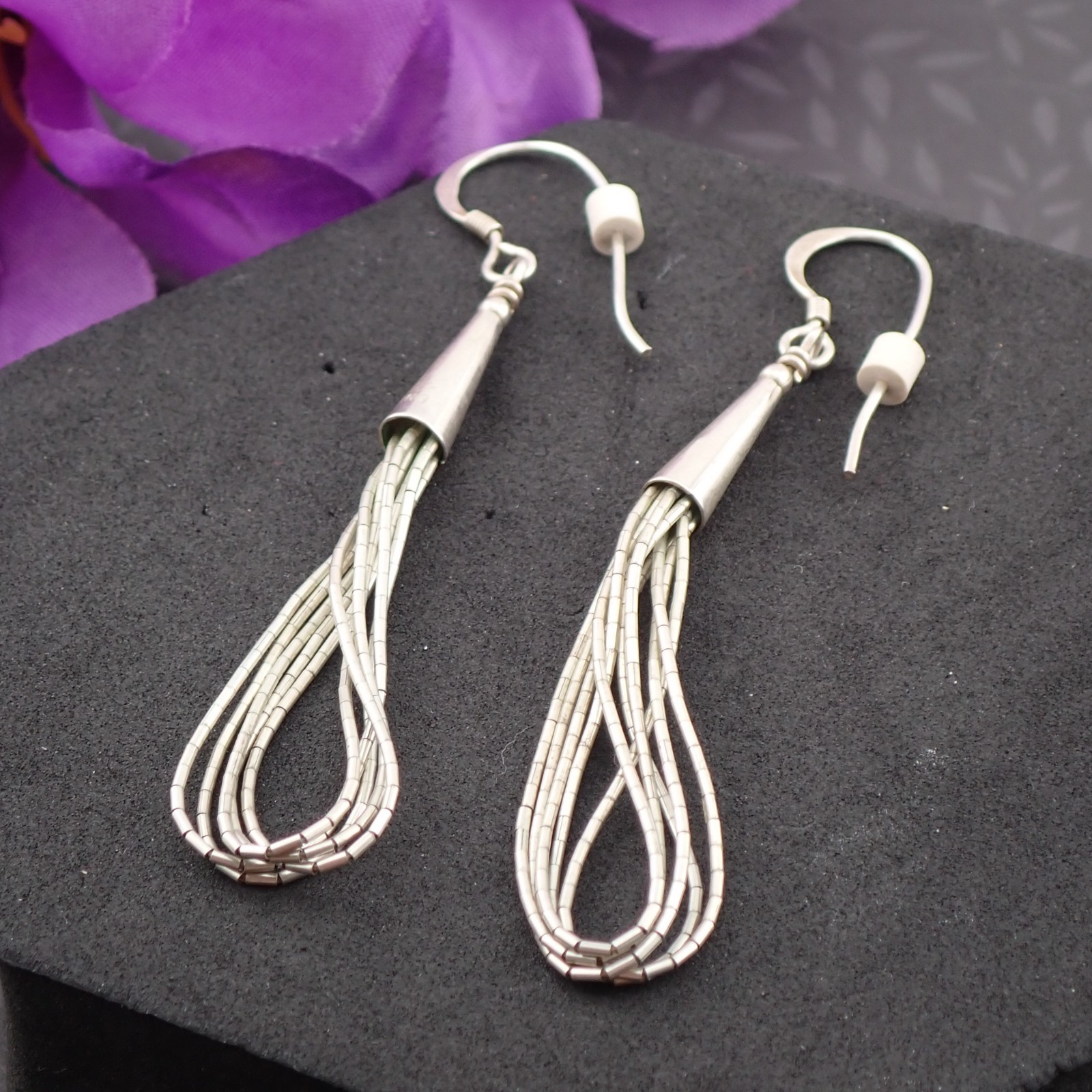 Vintage Sterling Silver Liquid Silver Hook Pierced Dangle Hoop Earrings