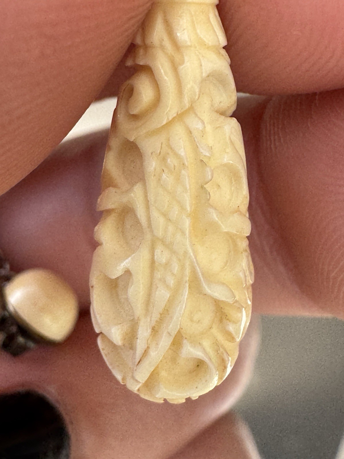 Vtg Carved Bone Dragon Earrings Butterscotch Amber Studs MidCentury Asian Export