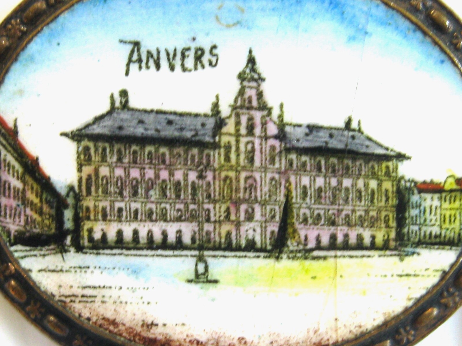 FINE ANTIQUE ANVERS BELGIQUE – ANTWERP BELGIUM SOUVENIR ENAMEL BRASS PIN BROOCH