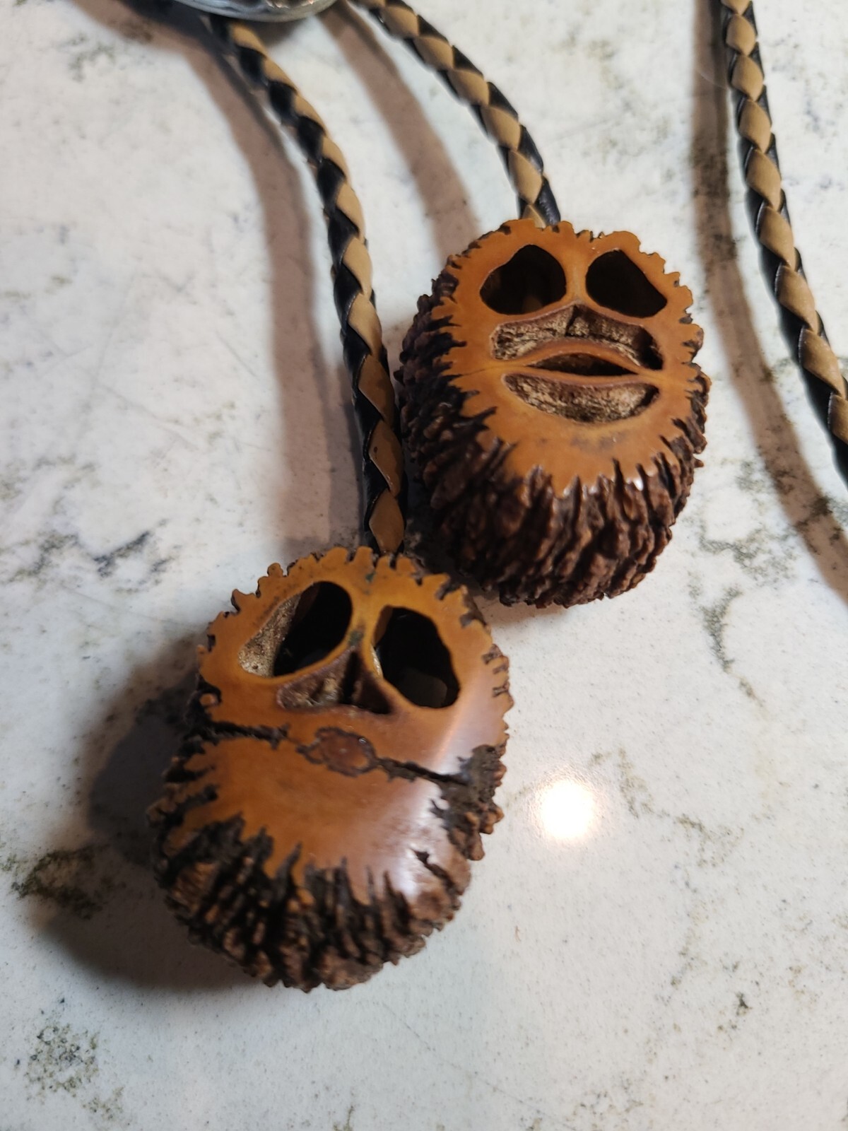 Native American Bolo Tie AMAZING DETAIL Metal and Nut Shell Turquoise Eyes EUC