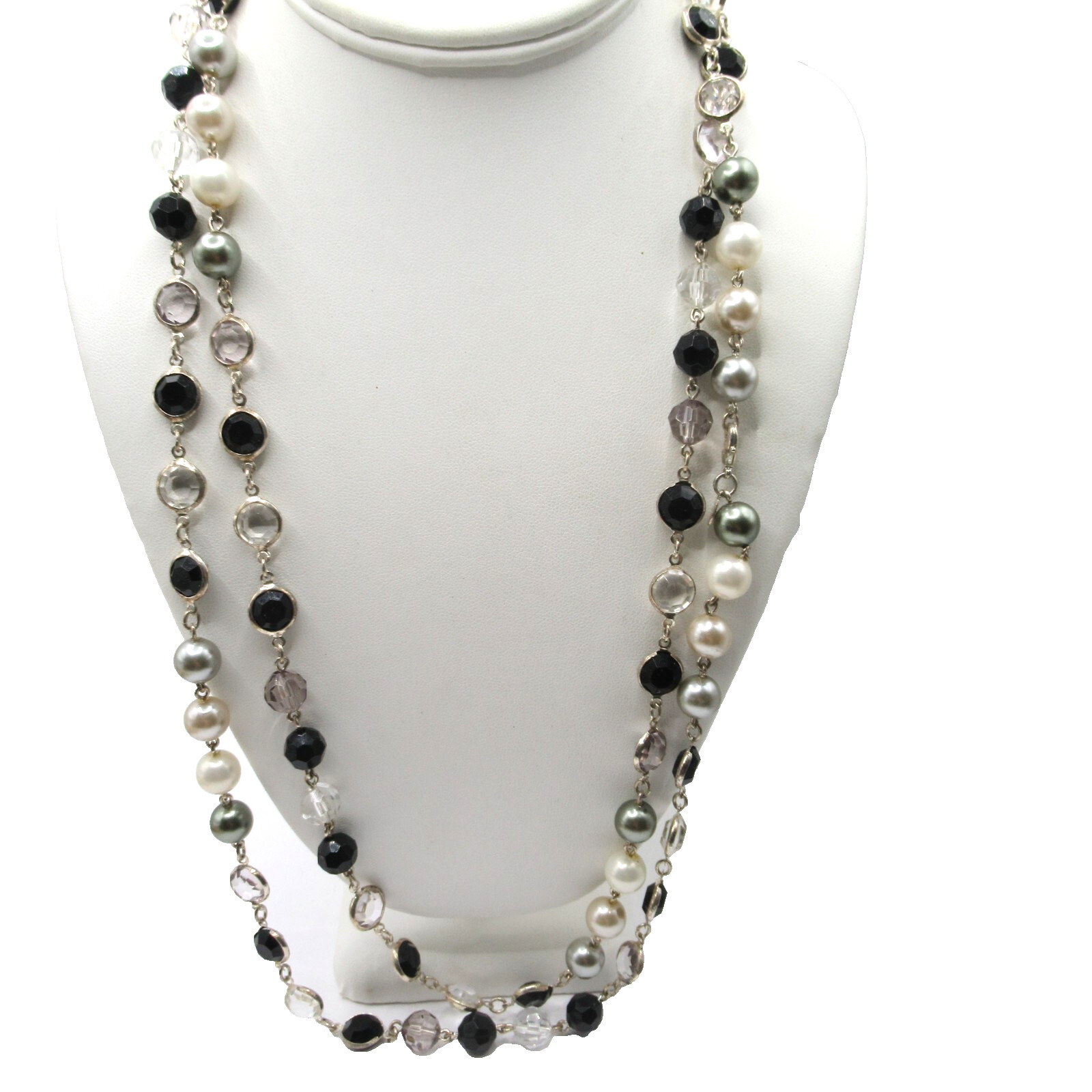 Bezel Set Black Clear Gray and White Faux Pearl and Crystal Necklace Long