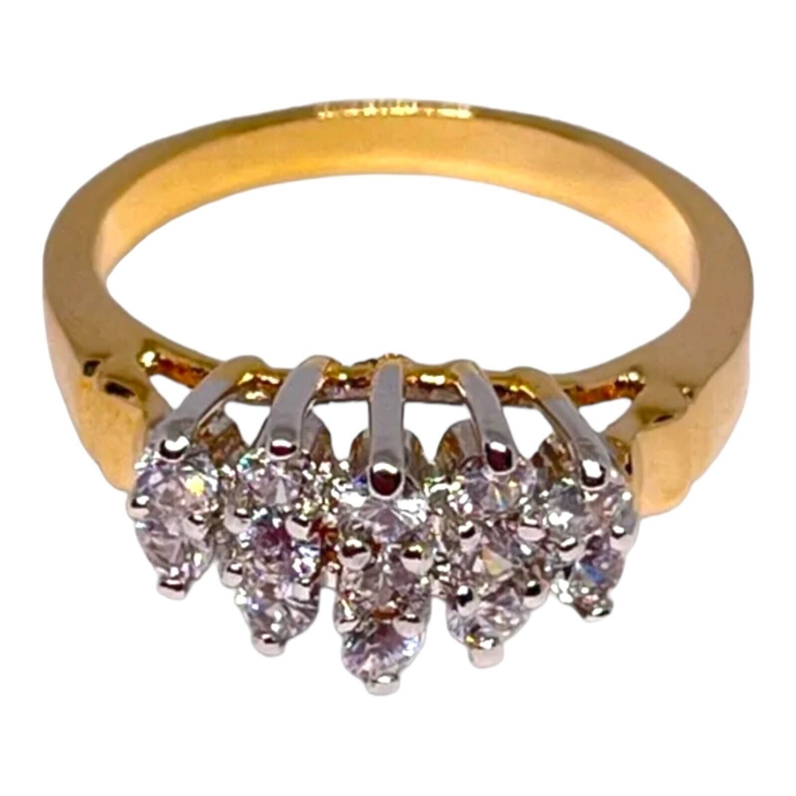 Vintage 1970s Ring Size 7 CZ Cluster Prong Set Gold Plated Cocktail – 14H