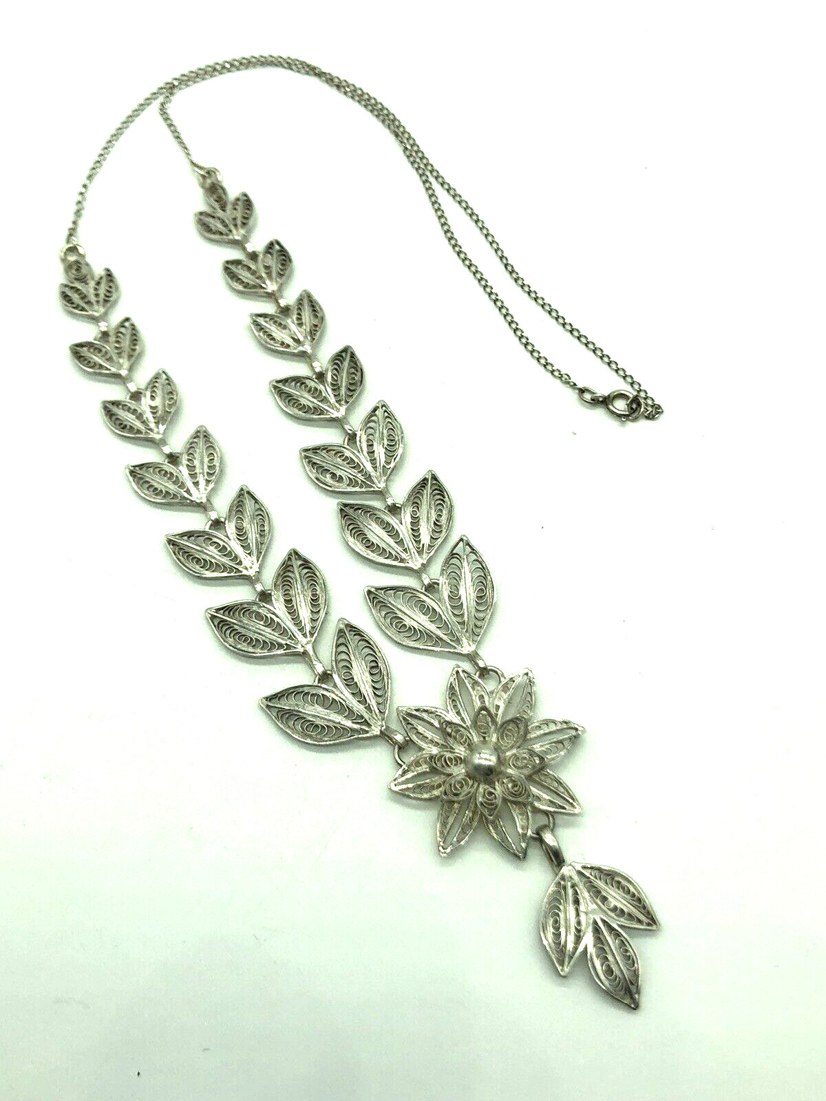 Filigree Necklace Cascading Leaves & Flower Sterling Silver 20+” Antique 1900s