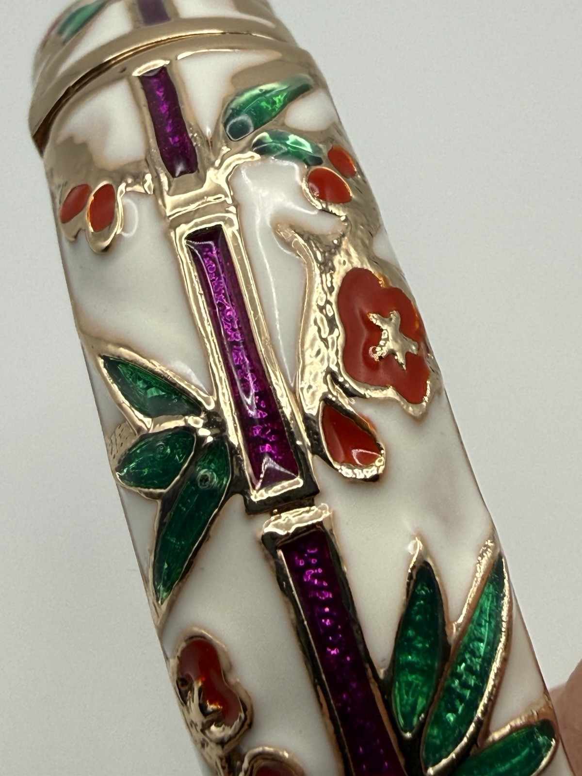 Jiu Long Xing- Red, Green, White, Purple Enamel Hinged Bangle Bracelet- Signed