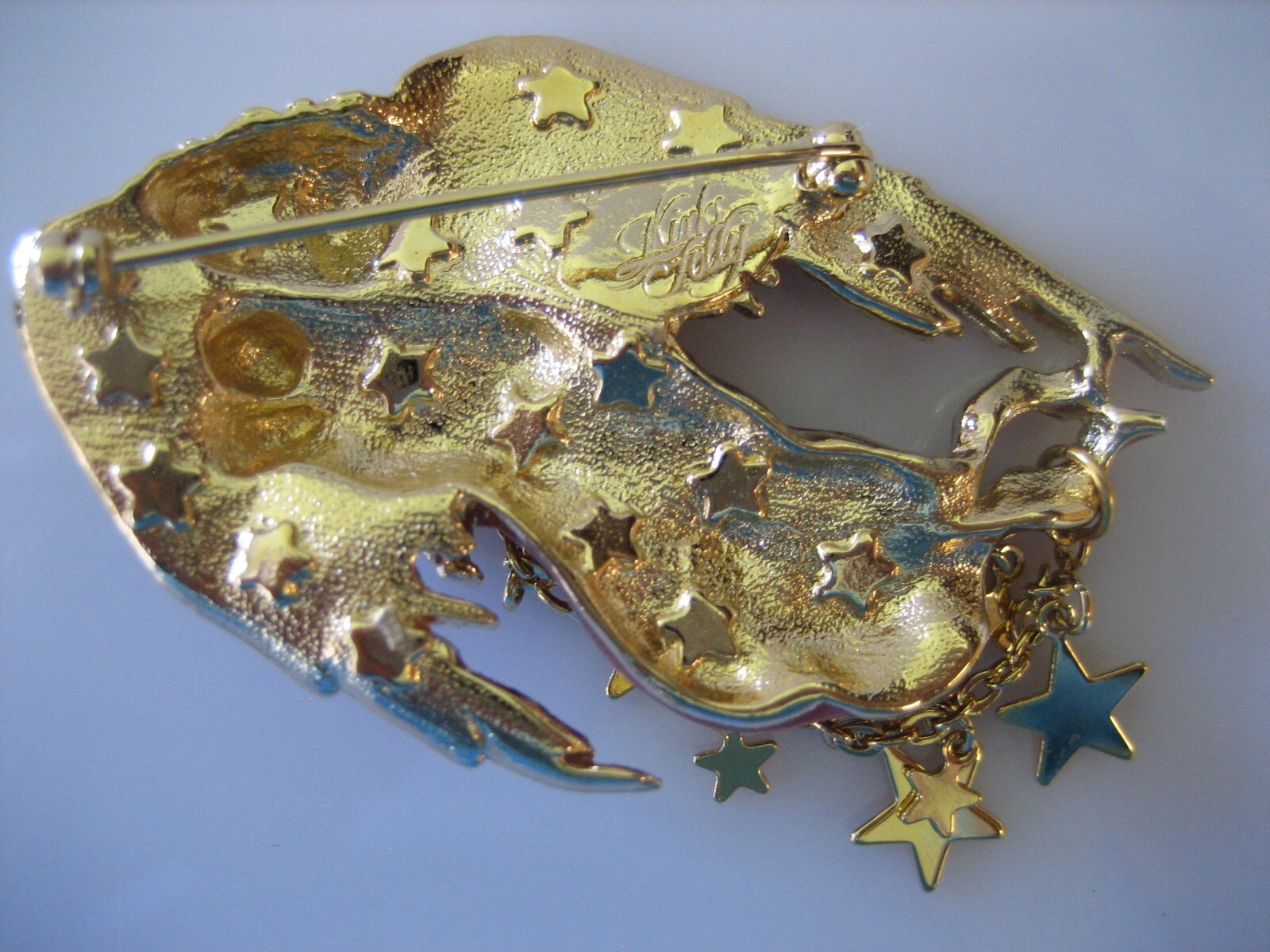 VINTAGE KIRKS FOLLY GUARDIAN ANGEL W/BABY ENAMEL STARS GLITTER BROOCH PIN