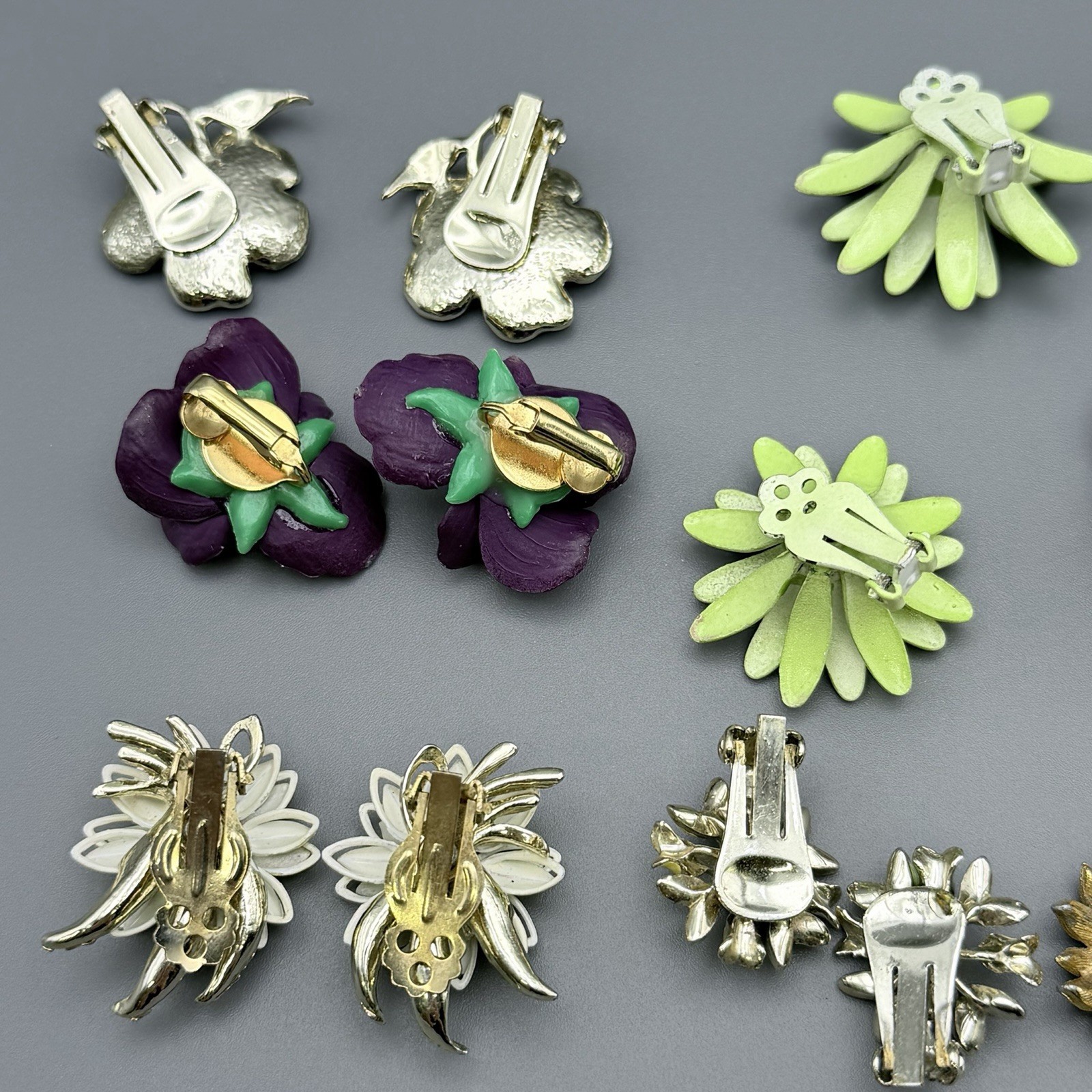 Vintage Flower Clip On Earrings Floral Lot Of 8 Orchid Pansies Tulip Multi Color