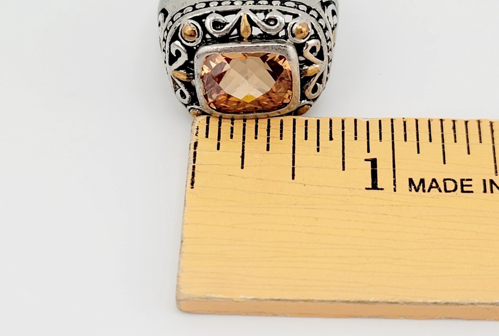 Vtg Ring Sz 7 Citrine Topaz Amber Cubic Zirconia Medieval Jewelry Flower A#04