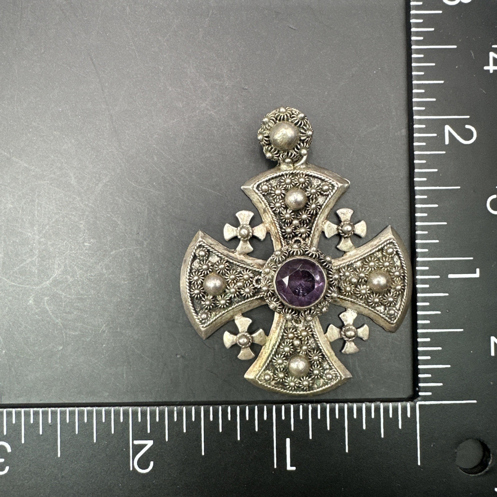 Vtg Sterling Silver Jerusalem Maltese Cross Pendant Amethyst Gothic Revival 15g