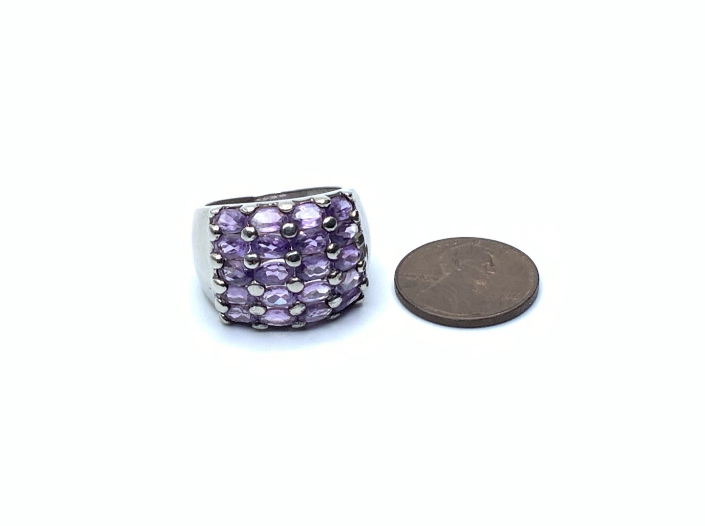 DBJ 925 Sterling Silver Rhodium Amethyst 5 Row Wide Cigar Band Ring ~ Sz. 8