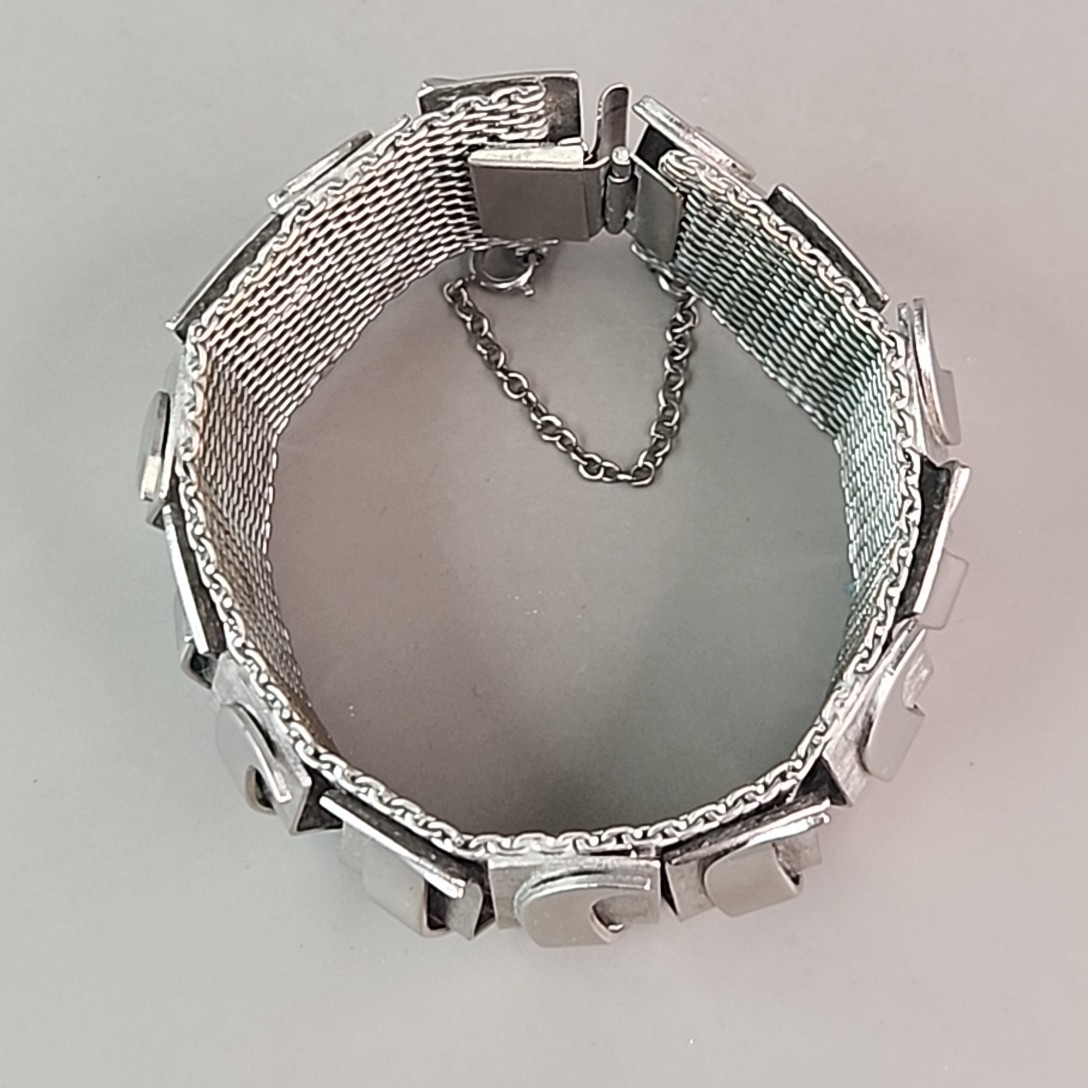 Vintage Wide Mesh Bracelet Silver Tone Wavy Panels 6.5″