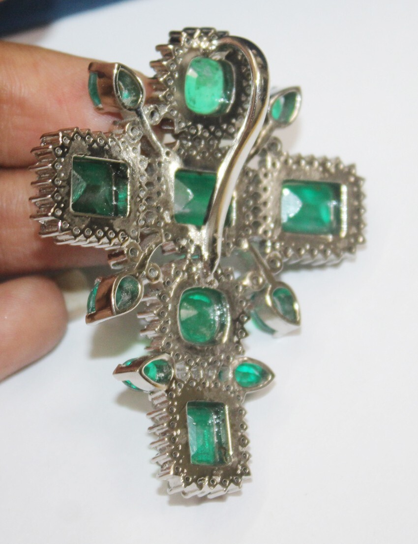 4.50ct Rose Cut Diamond Victorian 925 Sterling Silver Emerald Cross Pendant