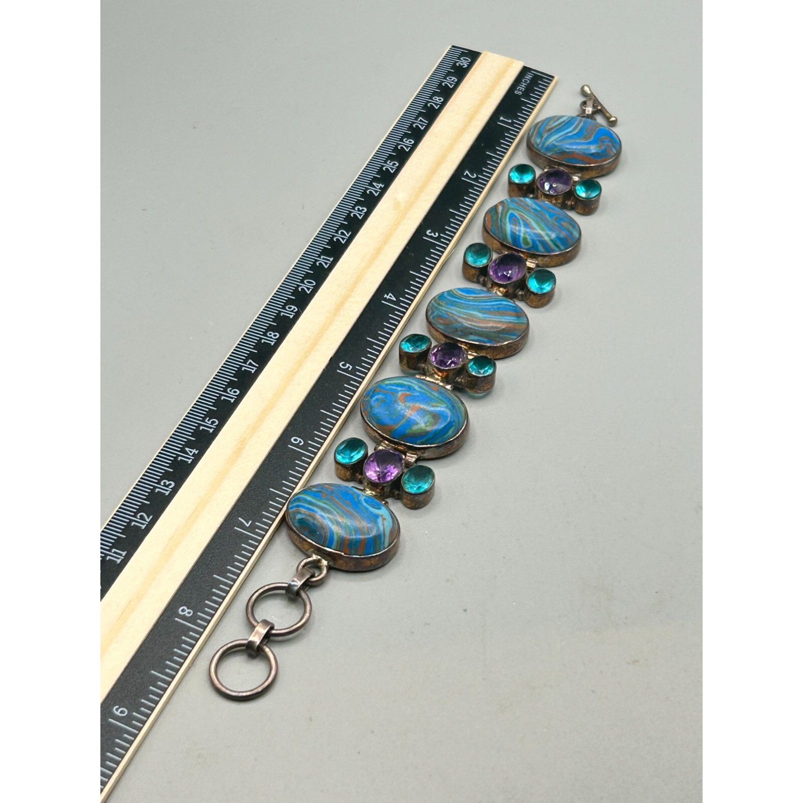 Colorful Purple and Blue Sterling Silver 925 Semi Precious Stones Bracelet 8″