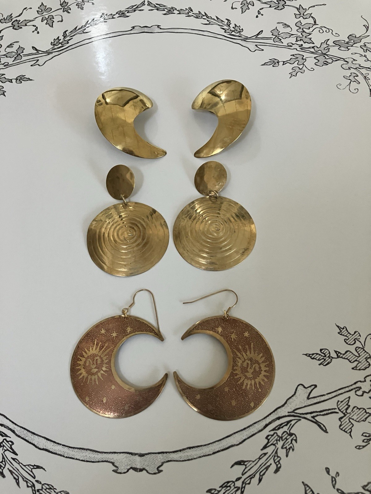 Vintage Brass Earrings-Lot Of 3- Statement Pieces