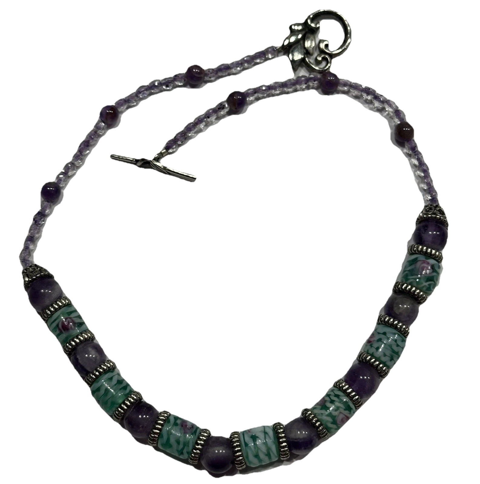 Vintage Glass Beaded Crystal Necklace w Toggle Closure & Earrings Set Blue 17”