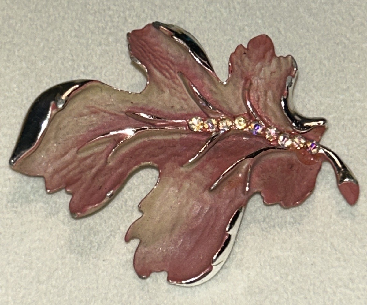 Vintage BSK Autumn Leaf Brooch Brown Rose Enamel AB Rhinestones Silver Tone 1950