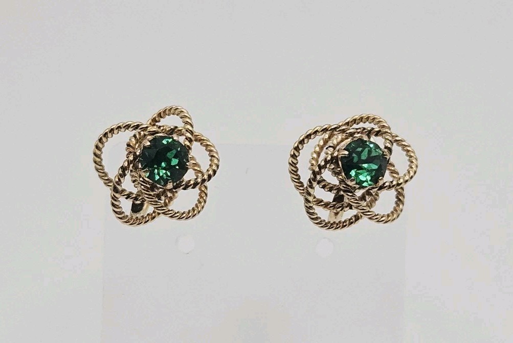 Henry Griffith 12k Gold Filled Antique Green Rhinestone Knot Screw Back Earrings
