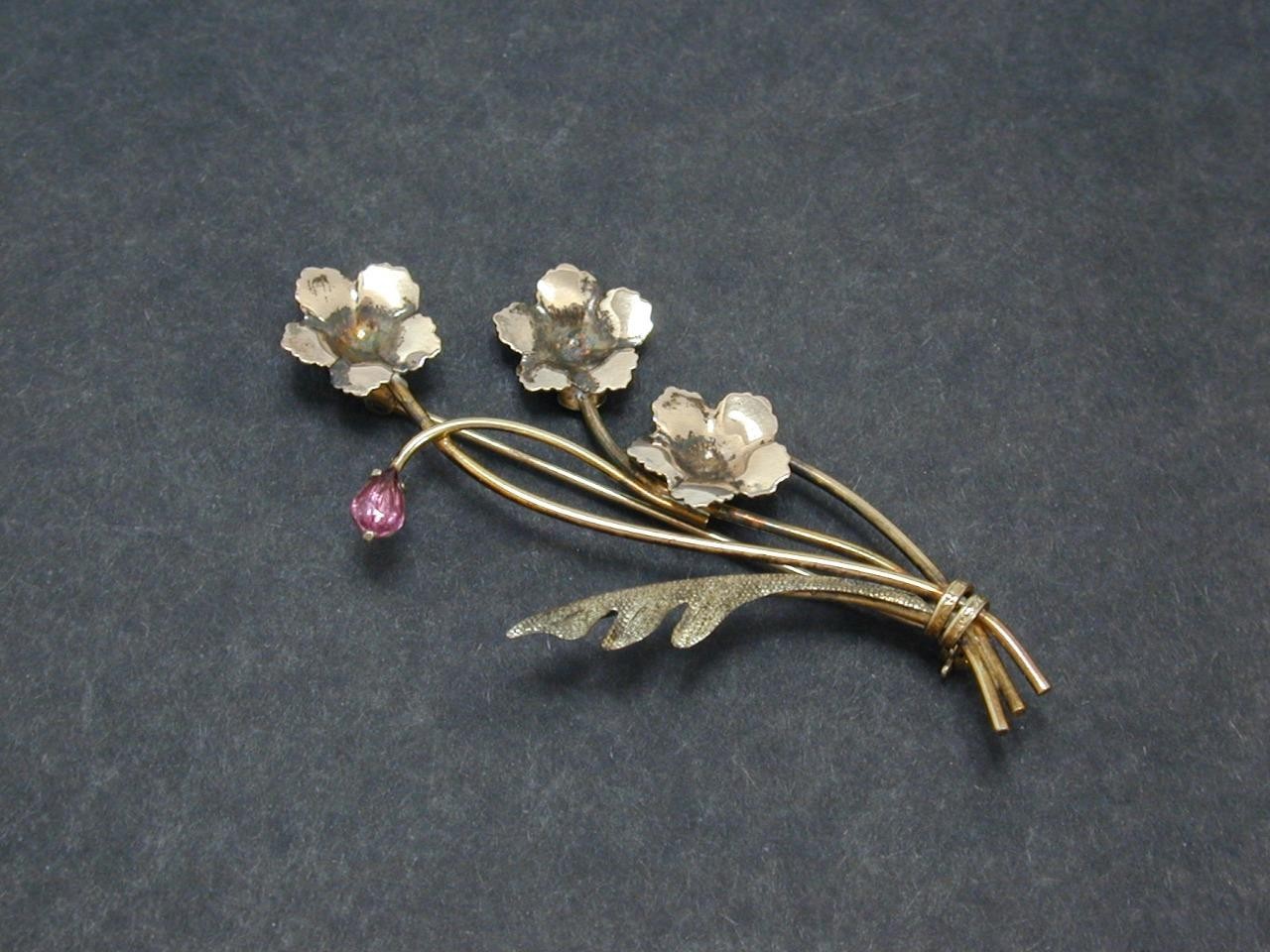 Vintage AMCO 1/20 10K Gold Filled Amethyst? Flower Bouquet Brooch Pin GF Floral