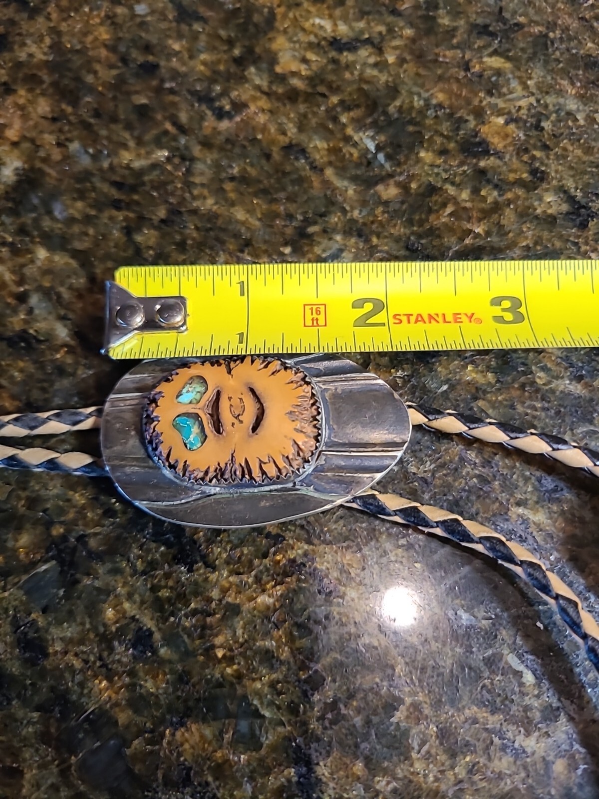 Native American Bolo Tie AMAZING DETAIL Metal and Nut Shell Turquoise Eyes EUC