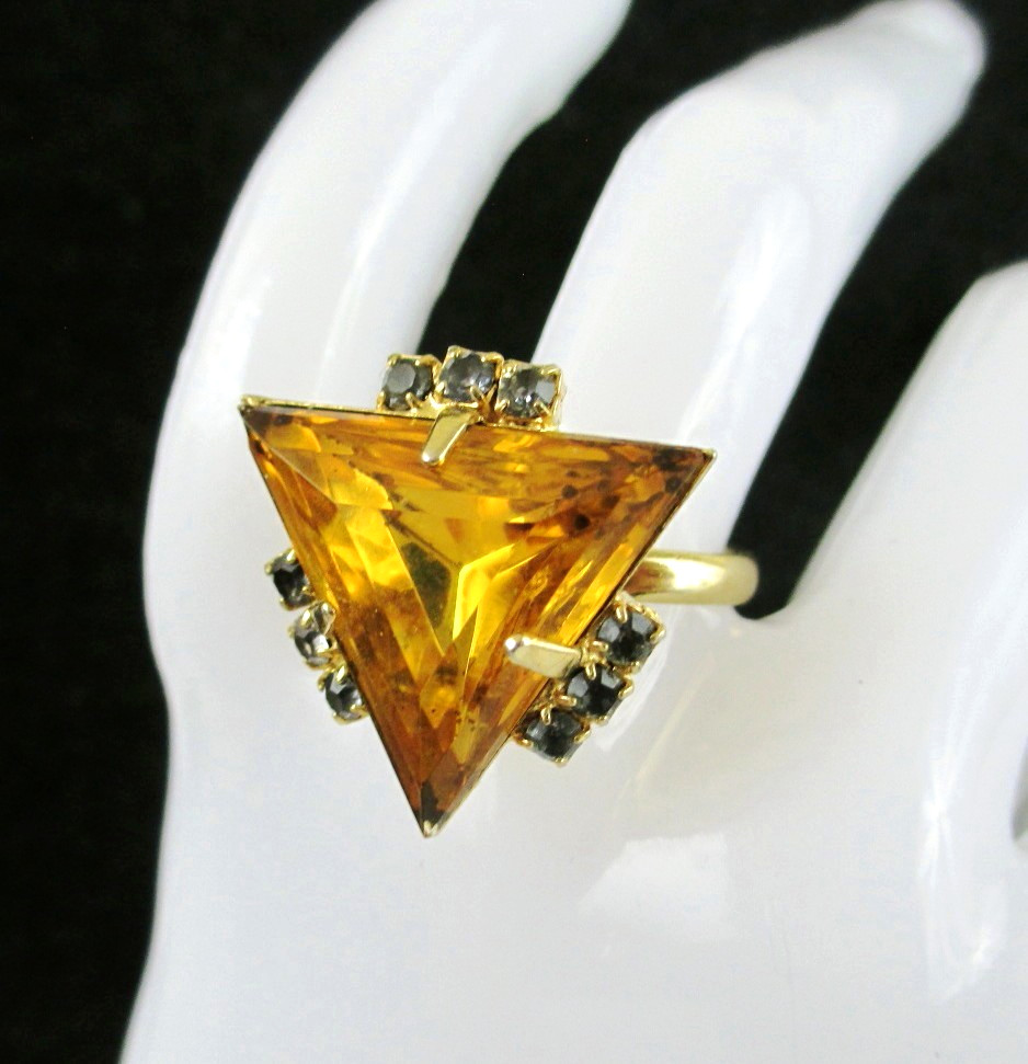 Vintage Mod Triangle Amber Orange glass rhinestone Statement Cocktail Ring Gold