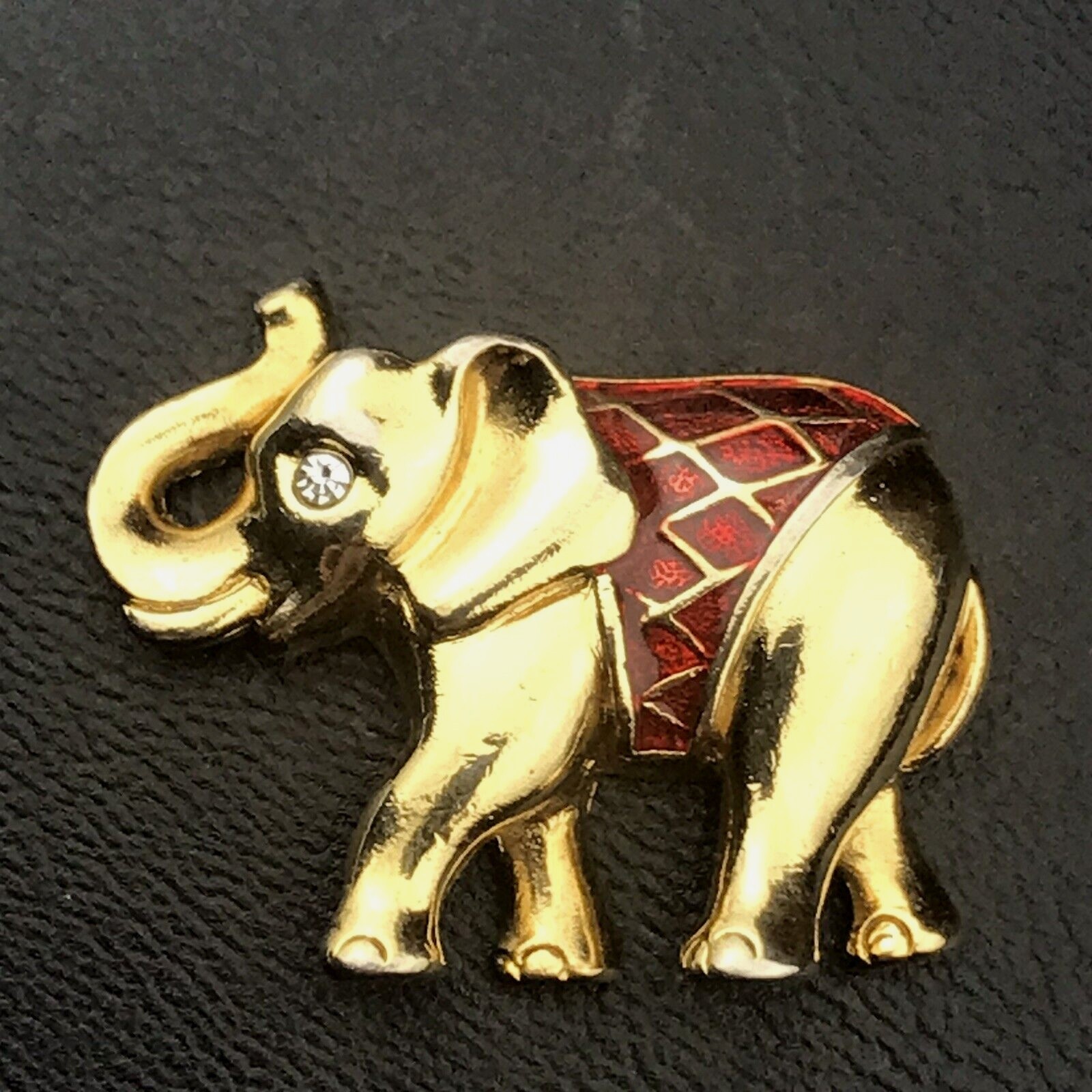 Vintage Gold Red Enamel Elephant Pin Brooch Trunk Up Good Luck Charm