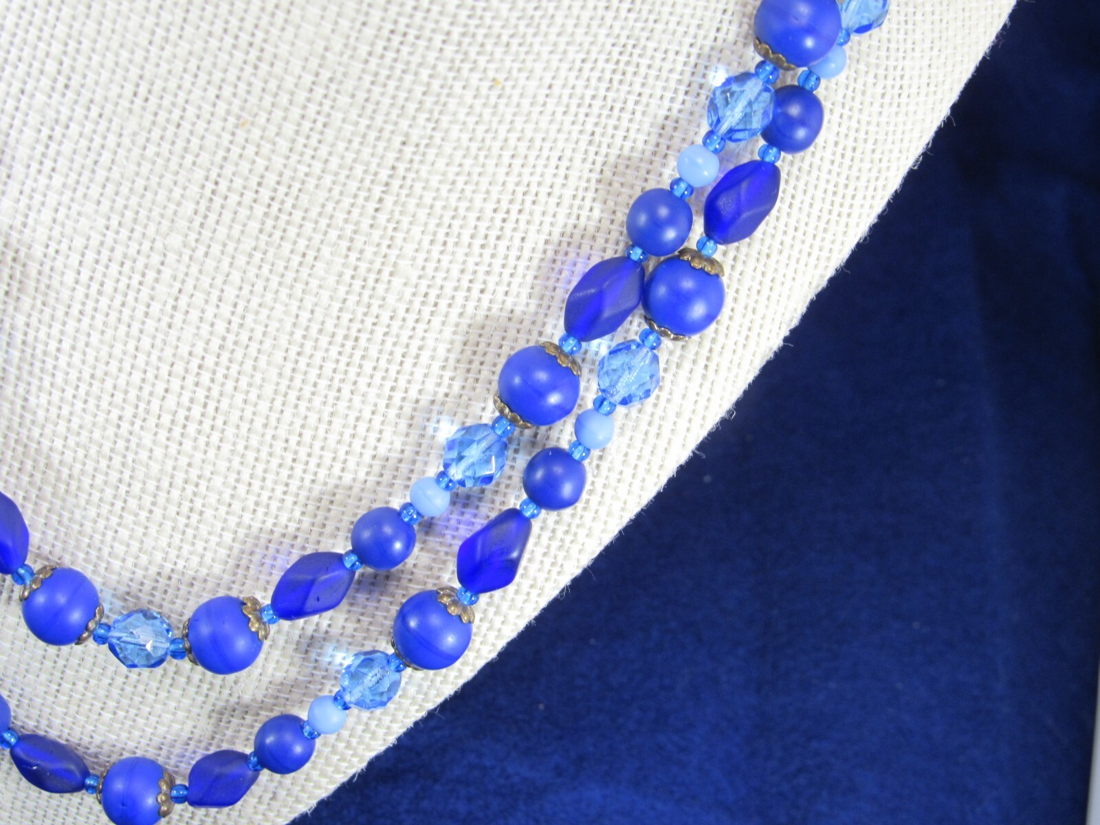 Vintage Blue and Purple 2 Strand Art Glass Bead Necklace with Sea Glass Finish.