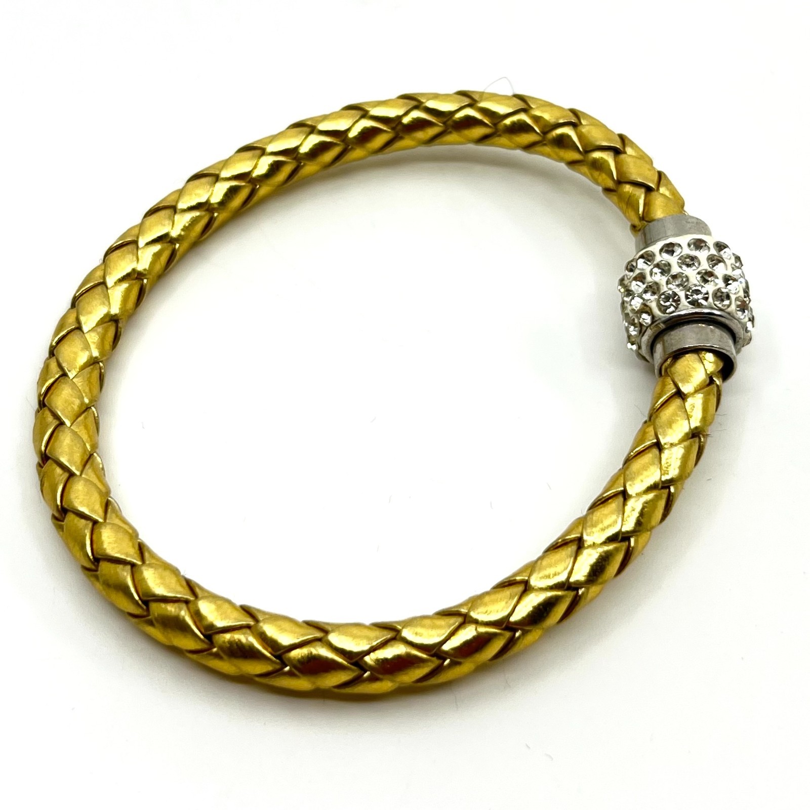 VTG Metallic Gold Tone Braided Faux Leather Bracelet Rhinestone Magnetic Clasp