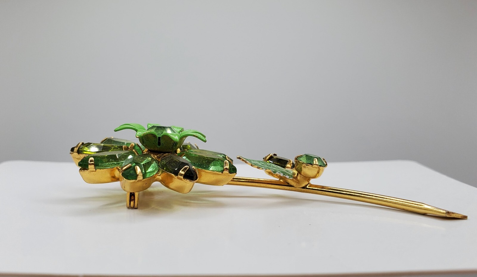 Vintage Adorable Open Back Green Glass , Rhinestones & Enamel Flower Brooch