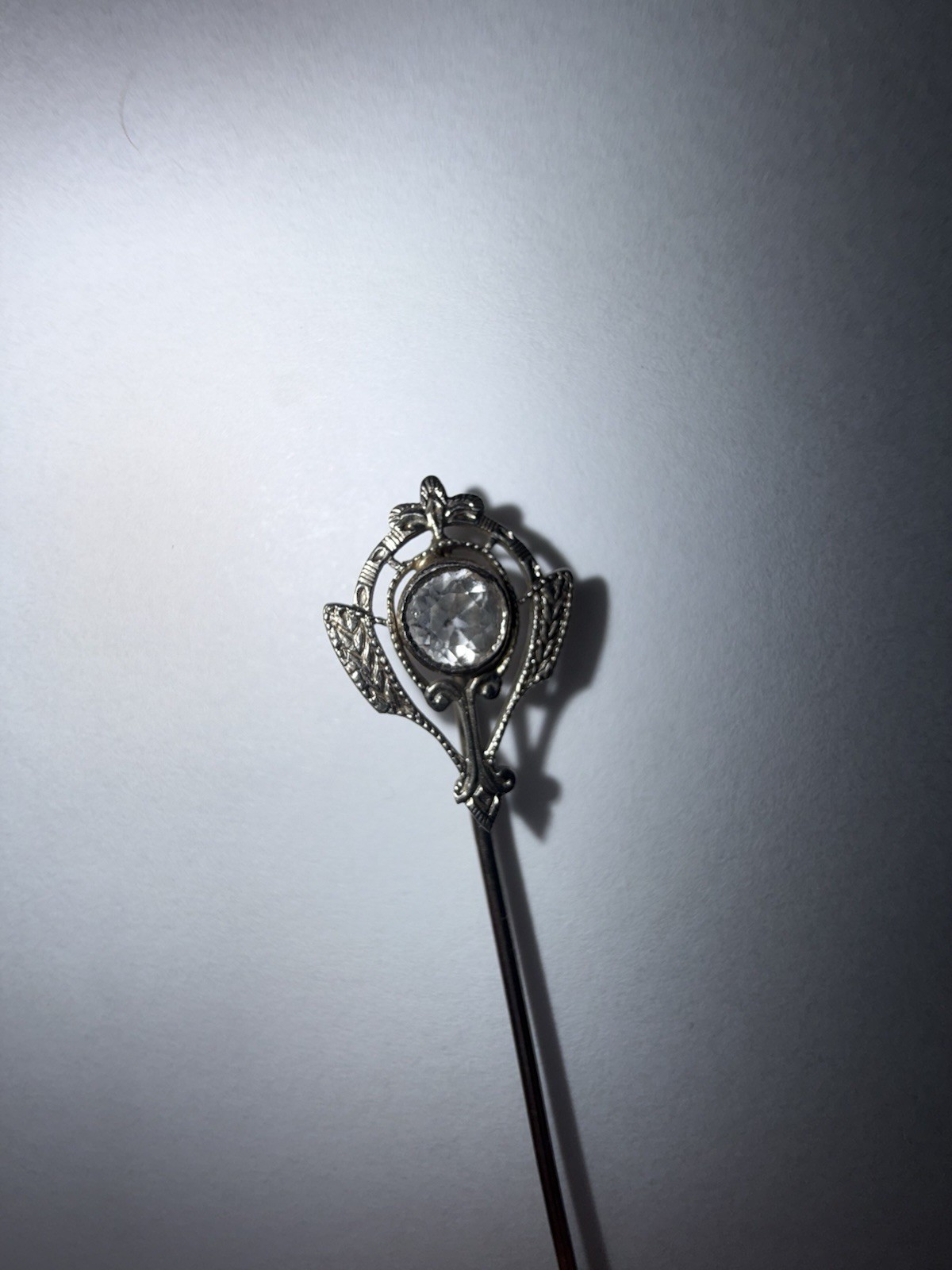 Antique Edwardian 10K Solid White Gold Colorless Topaz Stickpin