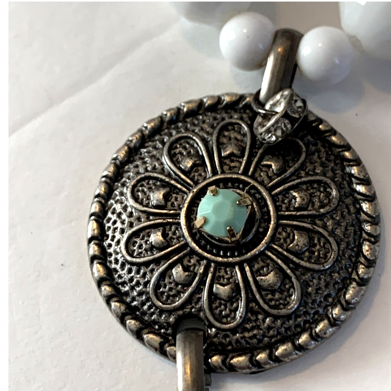 Vintage Southwestern Necklace Patina Feather Concho Talisman White Acrylic Boho