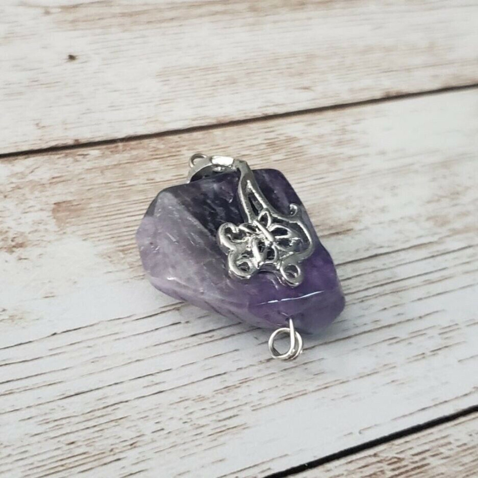 Vintage Pendant Raw Purple Stone with Silver Tone Accent – No Chain Included