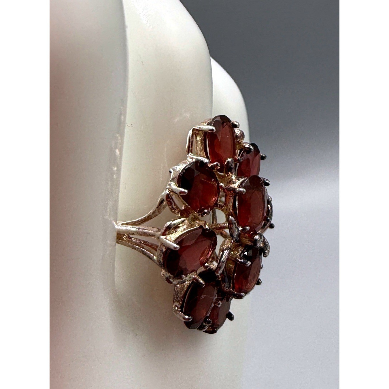 Vtg 925 Sterling Silver Garnet Floral Cluster Statement Cocktail Ring Sz 7.75
