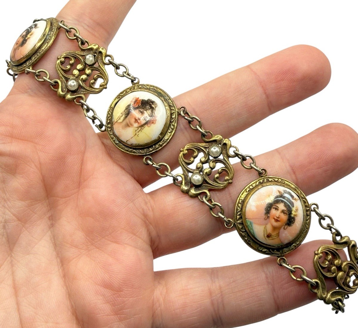 Antique Art Nouveau Austro Hungarian Lady Portrait Porcelain Bracelet Brass