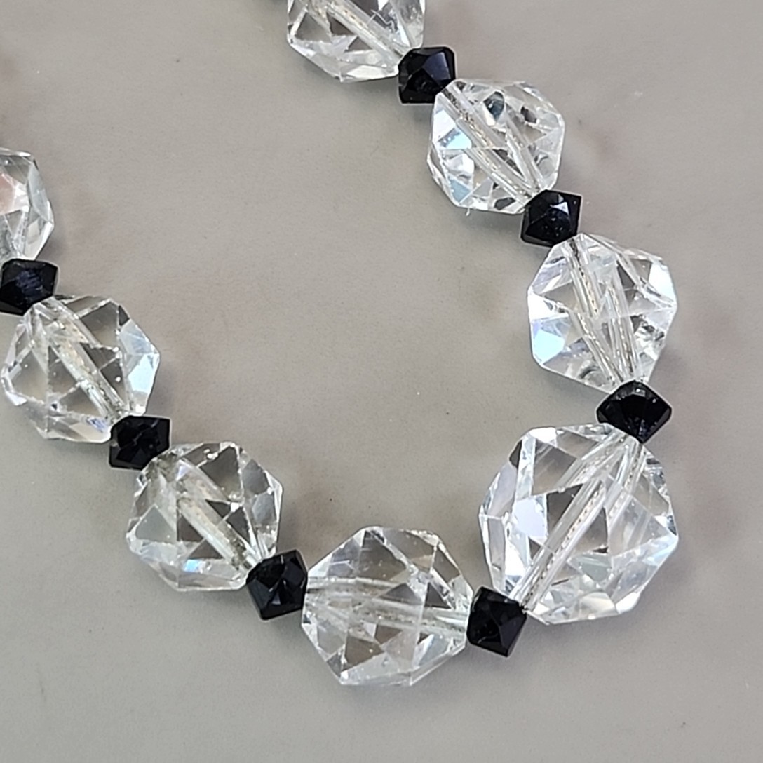 Vintage Glass Beaded Necklace Clear Round Black Bicone Accents 14.75″