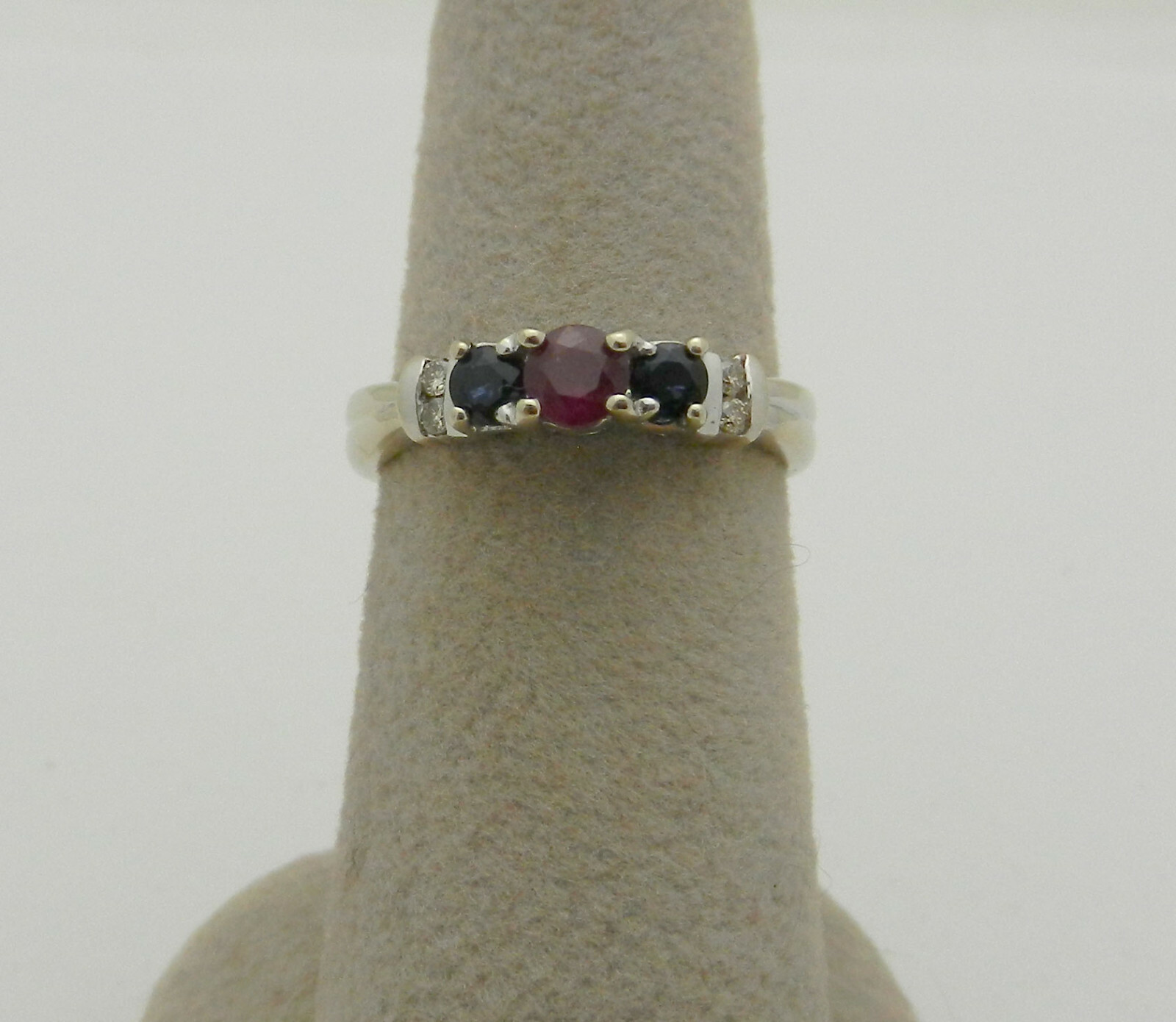 3-Stone Ruby, Sapphire Ring Band with Diamond Accents, Solid 14k Gold, size 6.25