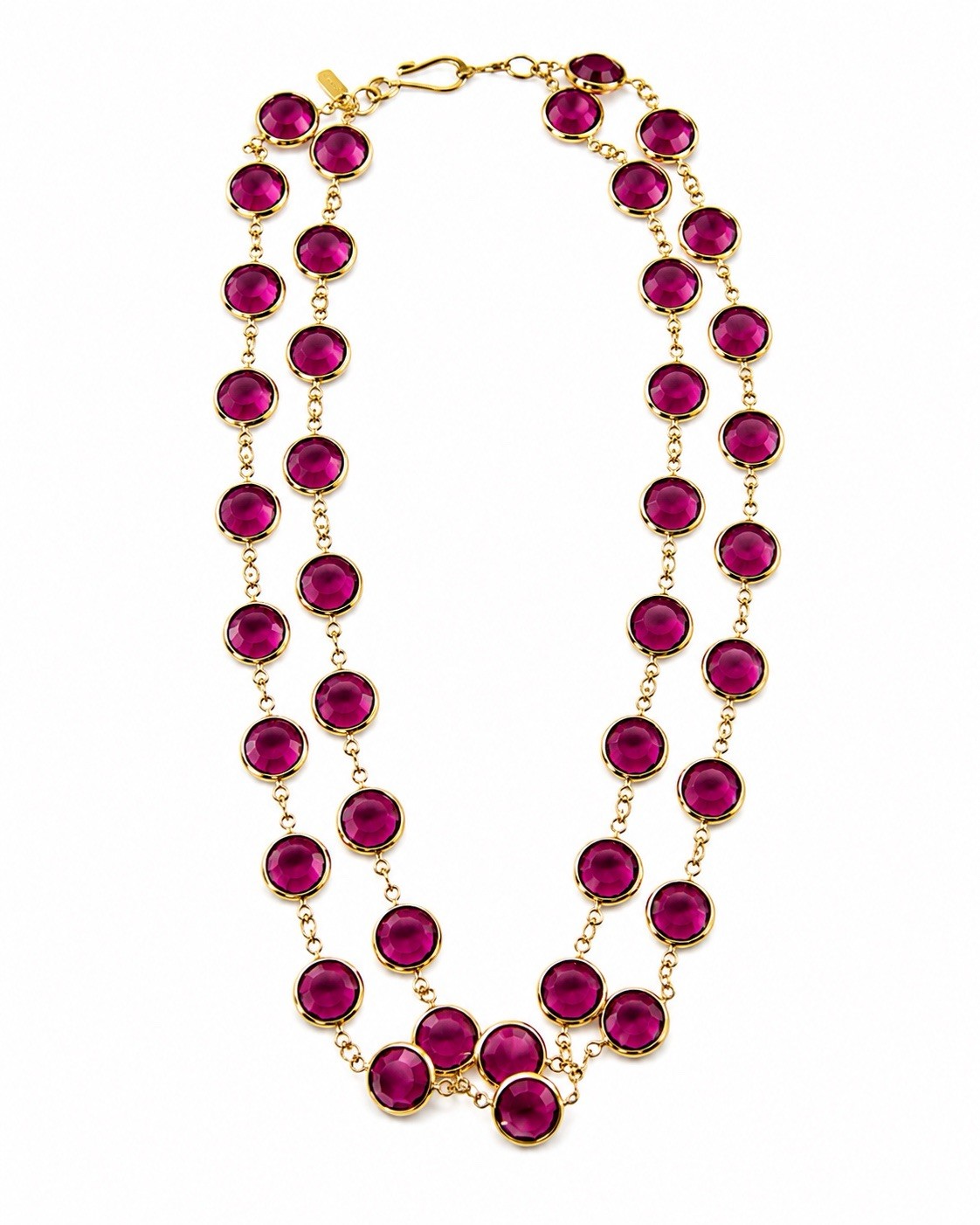 Vintage Swarovski Fuchsia Crystal Station Necklace 36” Gold Tone Open Back Bezel