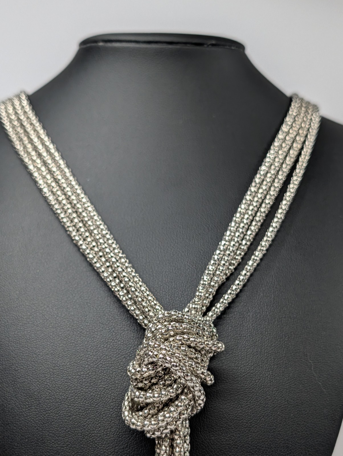 Silver Tone Multi Strand Popcorn Chain Knotted Lariat Tassel Ball Fringe Vtg