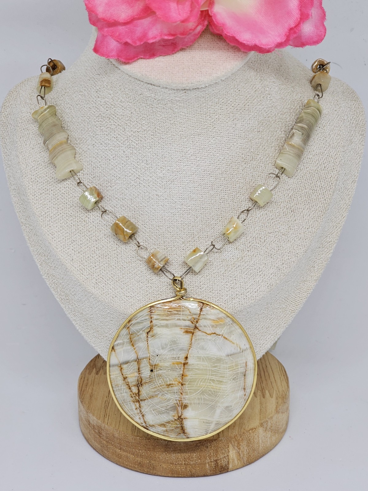 Vintage Carved Agate Beaded Necklace Etched Aztec Sun Disc Pendant