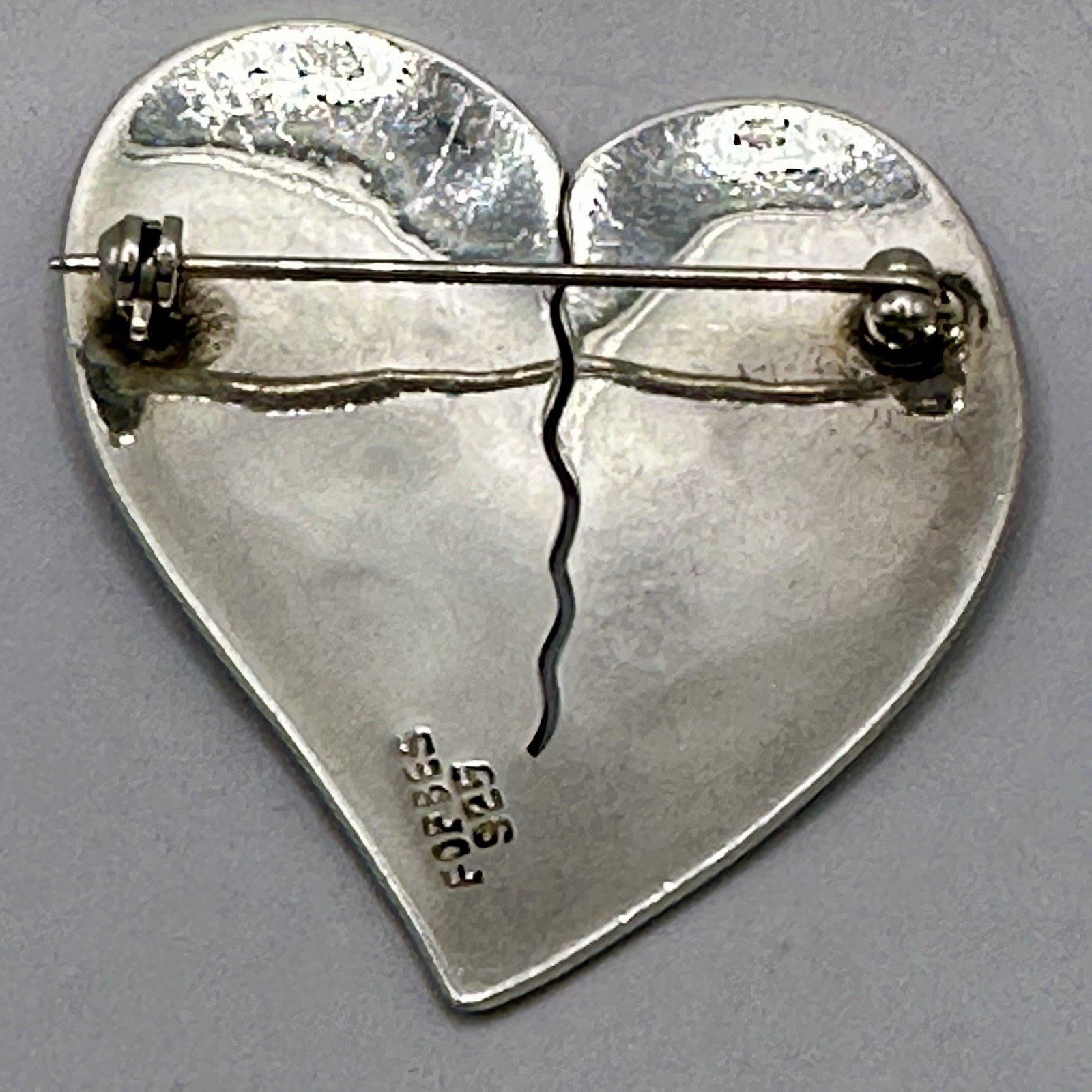 Rustic Stamped Heart Brooch Designer Signed Forbes 925 Sterling Silver Cutout