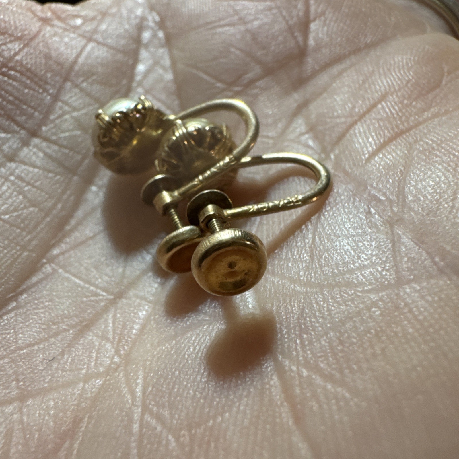 Vintage BDA 10k Yellow Gold Faux Champagne Pearl Screw Clip Earrings