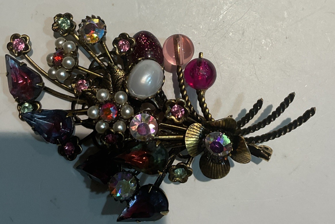 Vintage Brooch Multi Stone Flower Bouquet Design Gold Tone